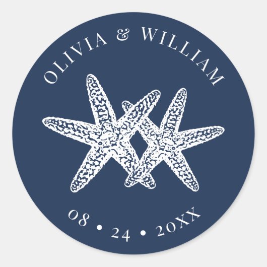 Sticker Rond Mariage côtier de la plage de Starfish Blue Navy (Devant)