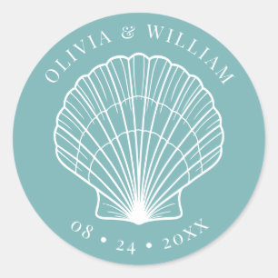 Sticker Rond Mariage côtier Turquoise clair Blue Seashell Beach