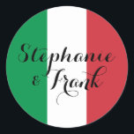 Sticker Rond Mariage couleur drapeau italien<br><div class="desc">Vous pouvez customiser les couleurs vert rouge et blanc drapeau italien pour créer vos propres autocollants de mariage. Le nom du couple est décoré dans un style calligraphie moderne et décoratif. Modifiez l'espacement des lignes pour modifier l'aspect interconnecté du script. Modifiez le style de police pour créer votre propre message...</div>