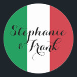 Sticker Rond Mariage couleur drapeau italien<br><div class="desc">Vous pouvez customiser les couleurs vert rouge et blanc drapeau italien pour créer vos propres autocollants de mariage. Le nom du couple est décoré dans un style calligraphie moderne et décoratif. Modifiez l'espacement des lignes pour modifier l'aspect interconnecté du script. Modifiez le style de police pour créer votre propre message...</div>