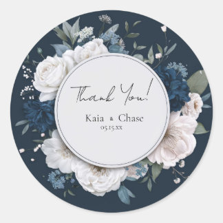 Sticker Rond Mariage Couronne Fleurie Bleu Nuit et Blanc Humeur