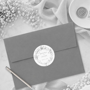 Sticker Rond Mariage Couronne Florale Grise Noire Classique Vin