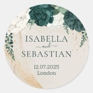 Sticker Rond Mariage Crème Beige Émeraude Vert Rose Floral