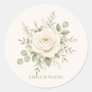 Sticker Rond Mariage Crème et Vert Sauge avec Feuillage