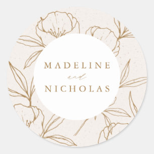 Sticker Rond Mariage Crème Fleurie Botanique Moderne & Or