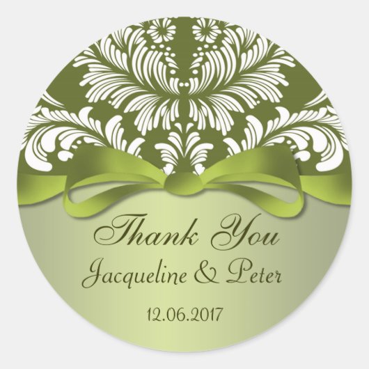 Sticker Rond Mariage Damask vert et blanc Merci (Devant)