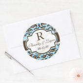 Sticker Rond Mariage damassé bleue et Brown (Enveloppe)