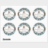 Sticker Rond Mariage damassé bleue et Brown (Feuille)
