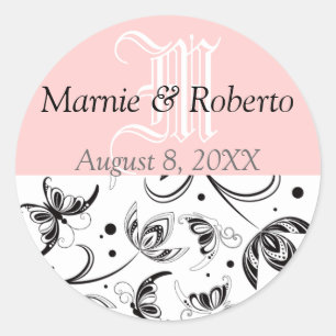 Sticker Rond Mariage damassé Bride Groom Noms Date Monogramme