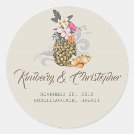 Sticker Rond Mariage d'ananas de plage tropical (Devant)