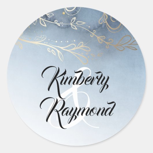 Sticker Rond Mariage d'aquarelle bleu et or Dusty (Devant)