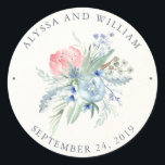 Sticker Rond Mariage d'aquarelle bleu et rose Peony<br><div class="desc">Ces autocollants de mariage élégants présentent de belles peonies d'aquarelle bleu et rose doux,  avec beaucoup de feuilles et accents. L'arrière - plan est fait pour ressembler à du papier aquarelle ordinaire. Nous avons utilisé l'art de LABFcreations.</div>