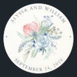 Sticker Rond Mariage d'aquarelle bleu et rose Peony<br><div class="desc">Ces autocollants de mariage élégants présentent de belles peonies d'aquarelle bleu et rose doux,  avec beaucoup de feuilles et accents. L'arrière - plan est fait pour ressembler à du papier aquarelle ordinaire. Nous avons utilisé l'art de LABFcreations.</div>