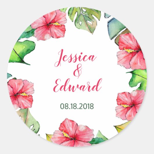 Sticker Rond Mariage d'aquarelle de Feuilles tropicaux (Devant)