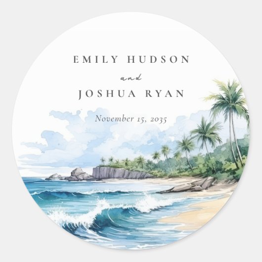 Sticker Rond Mariage d'aquarelle de plage Tropical (Devant)