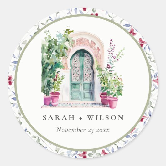 Sticker Rond Mariage d'aquarelle de porte marocaine tropicale (Devant)