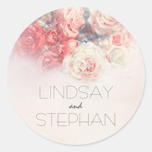 Sticker Rond Mariage d'aquarelle de Roses blanches et roses ros (Devant)