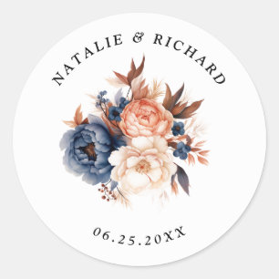 Sticker Rond Mariage d'aquarelle fleurie bleu et terre cuite