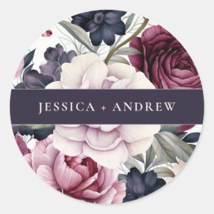 Sticker Rond Mariage d'aquarelle florale de prune bordeaux