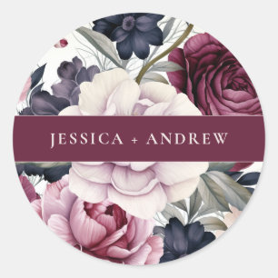 Sticker Rond Mariage d'aquarelle florale de prune bordeaux