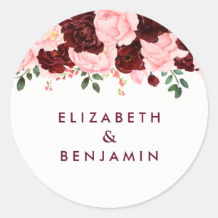 Sticker Rond Mariage d'aquarelle florale rose et bordeaux
