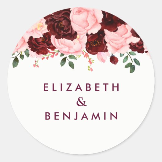 Sticker Rond Mariage d'aquarelle florale rose et bordeaux (Devant)