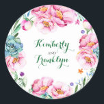 Sticker Rond mariage d'aquarelle moderne à couronne florale<br><div class="desc">Couronne de fleurs d'aquarelle moderne - otaries de mariage élégantes</div>