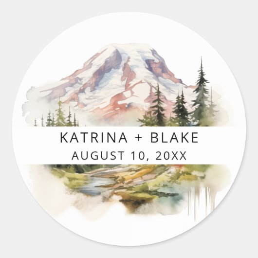 Sticker Rond Mariage d'aquarelle Mount Rainier Washington (Devant)