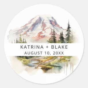 Sticker Rond Mariage d'aquarelle Mount Rainier Washington