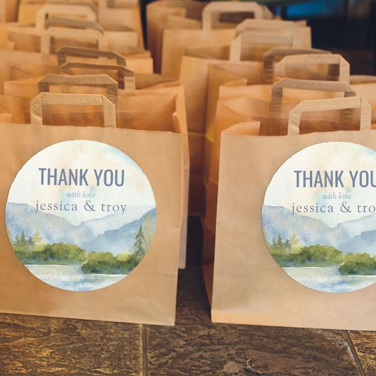 Sticker Rond Mariage d'aquarelle Mountain Lake Merci