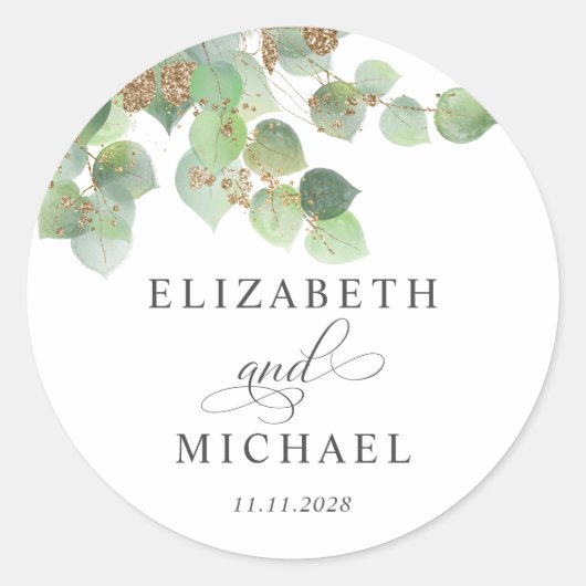 Sticker Rond Mariage d'aquarelle or Eucalyptus vert (Devant)