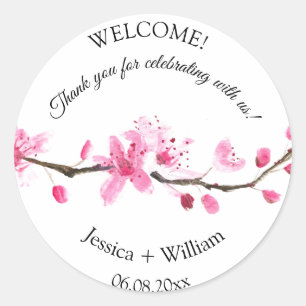 Sticker Rond Mariage d'aquarelle rose fleurs cerise