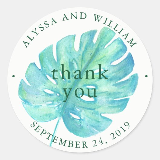Sticker Rond Mariage d'aquarelle tropicale | Feuille bleue (Devant)