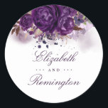 Sticker Rond Mariage d'aquarelle violet d'aubergine florale<br><div class="desc">stickers prune violet avec fleurs d'aquarelle</div>