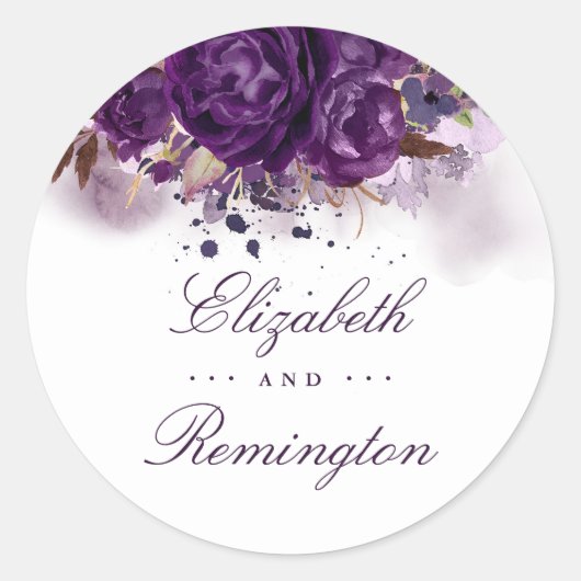 Sticker Rond Mariage d'aquarelle violet d'aubergine florale (Devant)