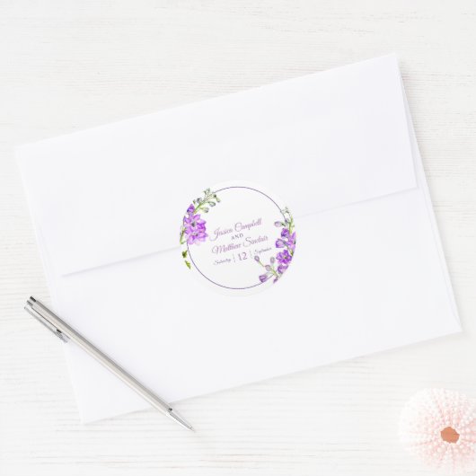 Sticker Rond Mariage d'art de l'aquarelle violette de Delphiniu (Enveloppe)