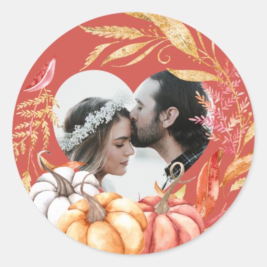 Sticker Rond Mariage de automne Citrouille Forme cardiaque Phot (Devant)