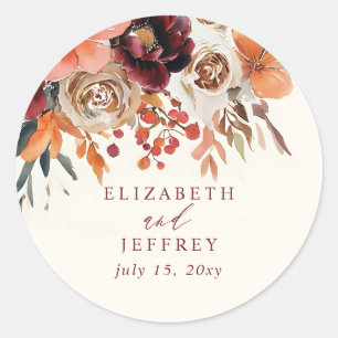 Sticker Rond Mariage de automne Floral Orange Bourgogne