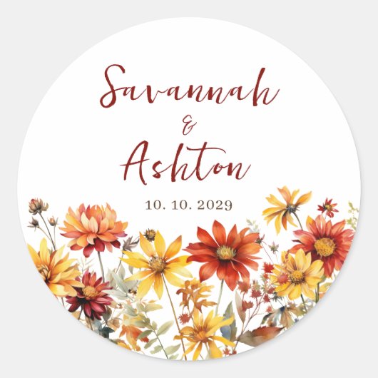 Sticker Rond Mariage de automne Floral Orange Brûlé (Devant)