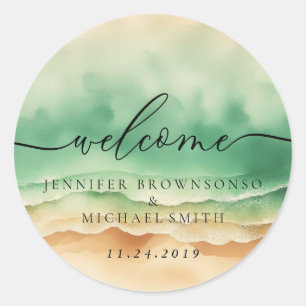 Sticker Rond Mariage de bienvenue bohème vert de plage océaniqu