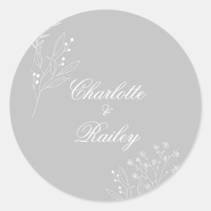 Sticker Rond Mariage de Boho Floral à Coin Blanc Argent