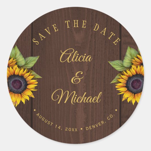 Sticker Rond Mariage de bois brun de tournesol rustique enregis (Devant)