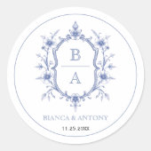 Sticker Rond Mariage de bordure en monogramme bleu élégant (Devant)