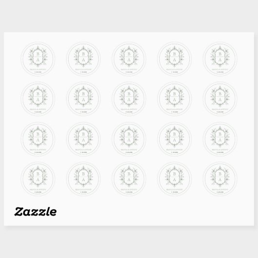 Sticker Rond Mariage de bordure en monogramme vert élégant (Feuille)