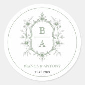 Sticker Rond Mariage de bordure en monogramme vert élégant (Devant)