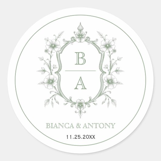 Sticker Rond Mariage de bordure en monogramme vert élégant (Devant)