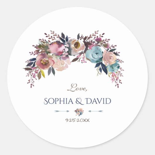 Sticker Rond Mariage de bouquet floral rose-bleu Dusty (Devant)