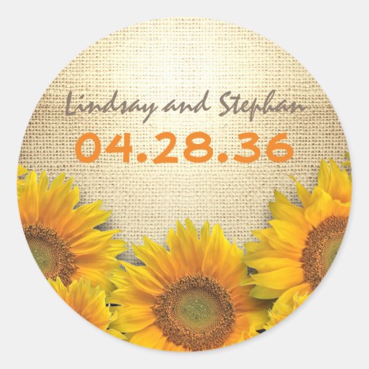 Sticker Rond Mariage de Burlap de tournesol rustique (Devant)