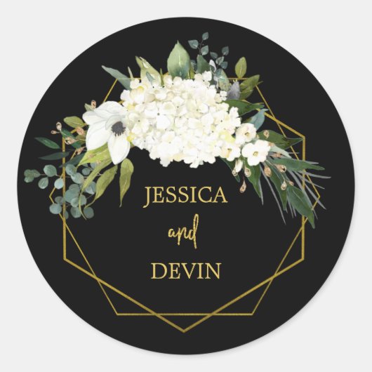 Sticker Rond Mariage de cadre moderne blanc floral noir or (Devant)