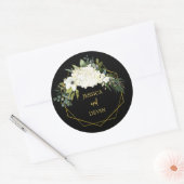Sticker Rond Mariage de cadre moderne blanc floral noir or (Enveloppe)